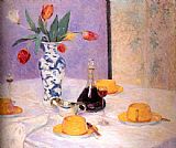 Bernhard Gutmann Canvas Paintings - Tulips And Yellow Tea Service
